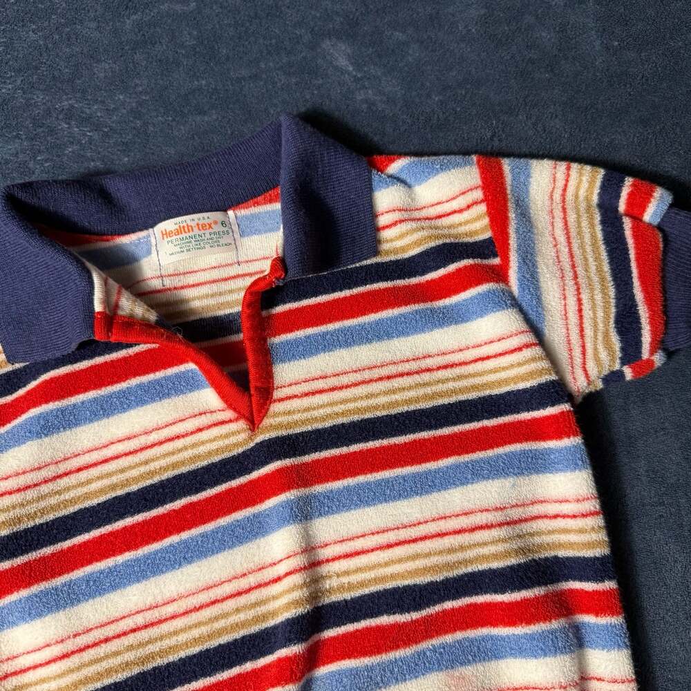 Vintage 1970s/80s Health-tex Striped Terrycloth Pullover Polo Shirt Size 6